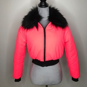 Womens Neon Fur Puffer Jacket Size Small Orange Pink Burning Rave Man y2k 80s S